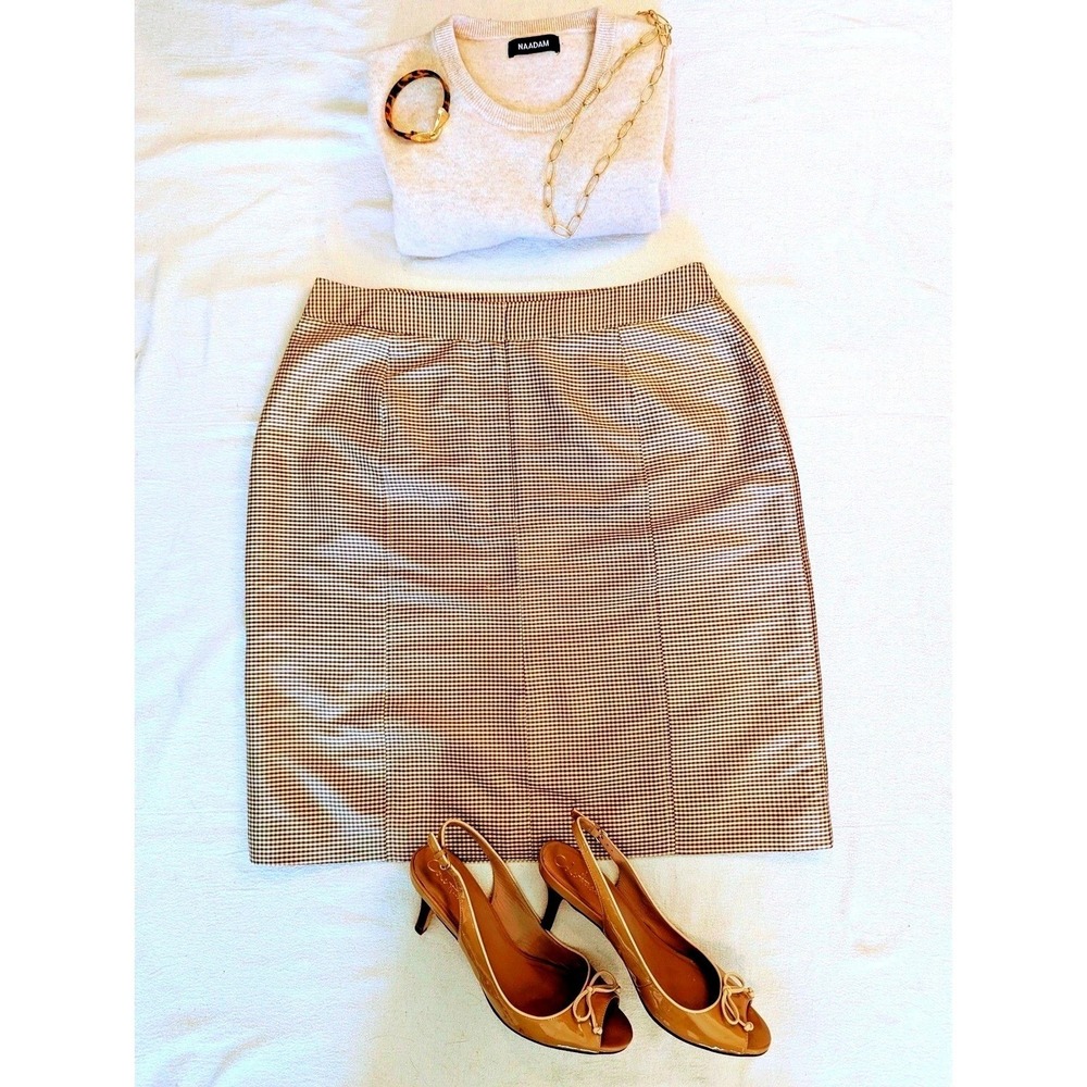 Lands' End Silk Gingham Pencil Skirt Brown Cream Preppy Classic Size 12